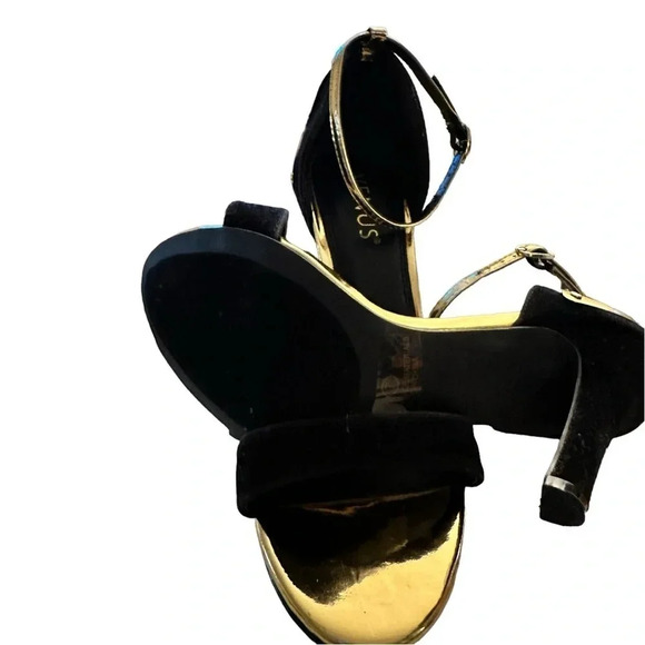 VENUS Black and Gold Strappy Stiletto Open Toe Heels With Ankle Strap - Picture 4 of 8